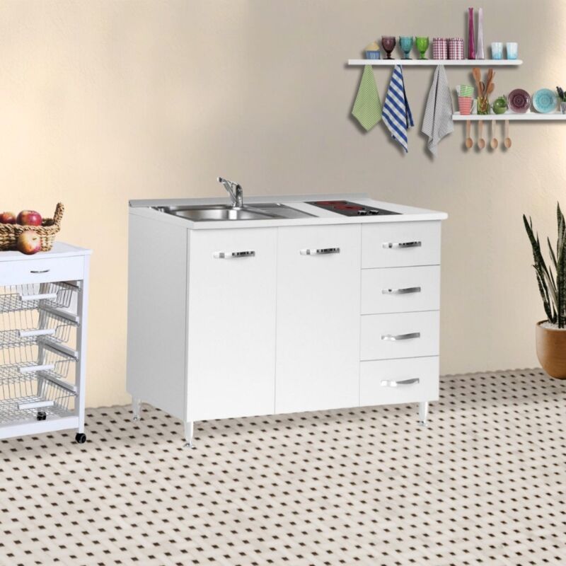 foto del prodotto cucinino con lavello e piano cottura in vetroceramica 3 cassetti colore bianco larice 120x60x85h cm miniki
