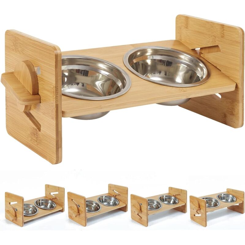 foto del prodotto cuenco elevado para gatos perros de acero inoxidable soporte de bamb ajustable en altura 31x17x16cm