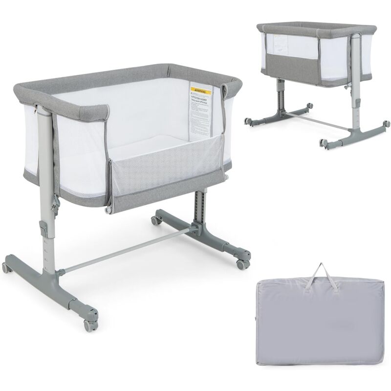 foto del prodotto culla per bambini 3 in 1 portatile e inclinabile con materasso, borsa, altezza regolabile, ruote bloccabili, lettino a dondolo per neonati grigio