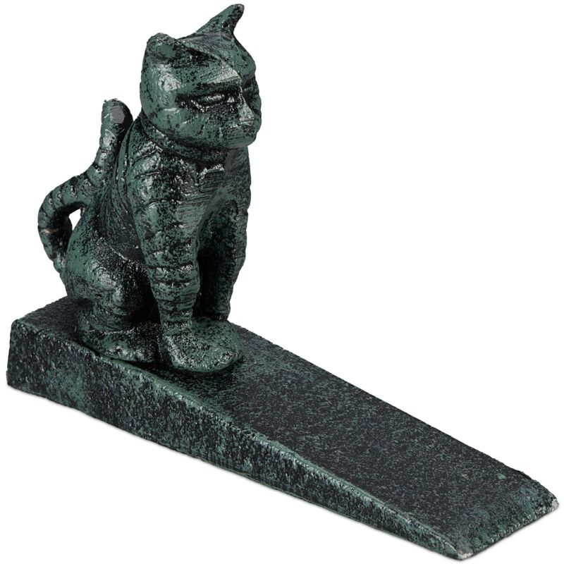 foto del prodotto cuneo fermaporta con gatto decorativo, in ghisa, pesante blocca porta da terra, hlp 11 x 15 x 4 cm, verde, 100 relaxdays