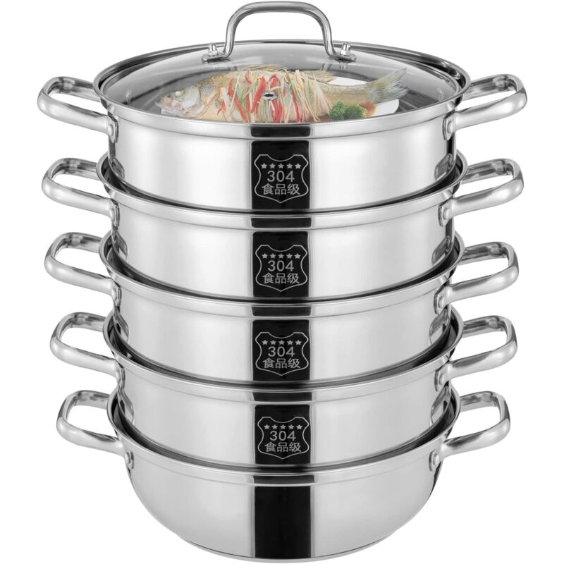 foto del prodotto cuocere a vapore, 5 ripiani, pentola a vapore con coperchio in vetro, in acciaio inox, vaporizzatore di patate, fondo spesso argento, 30 cm 12