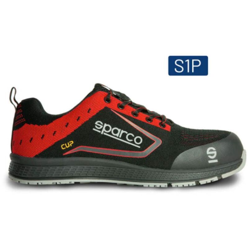 foto del prodotto cup albert s1p scr scarpe basse da lavoro antinfortunistica n.45 in tessuto jacquard ultra traspirante nero rosso con puntale e rinforzo nero rosso