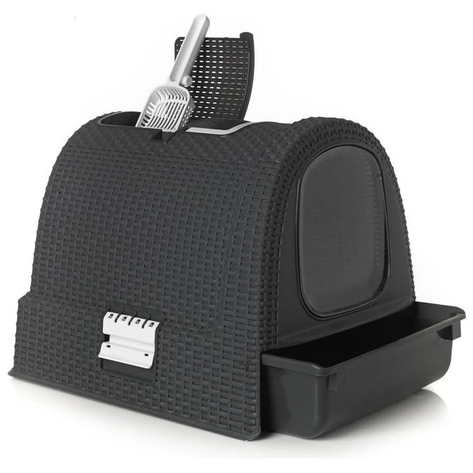 foto del prodotto curver keter lettiera per gatti petlife con coperchio, lettiera con paletta, moderno effetto rattan intrecciato, antracite, 51,5 x 38,5 x 40 cm