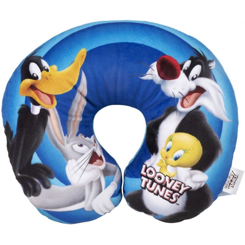 foto del prodotto cuscino collo auto da viaggio morbido looney tunes bambino bambina bugs bunny daffy duck silvestro titti confort cartoni animati azzurro