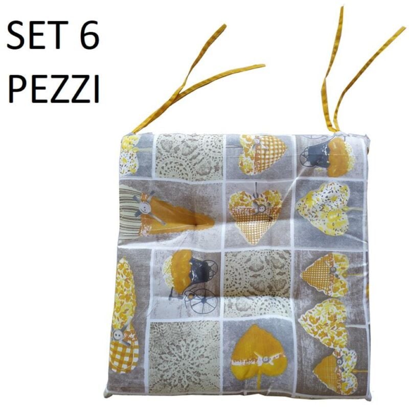 foto del prodotto cuscino coprisedia 4 punti imbottito con laccetti country giallo 6 pezzi