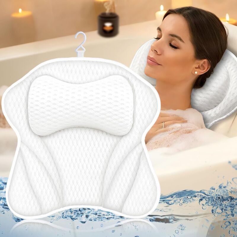 foto del prodotto cuscino da bagno, cuscino da bagno 4d, cuscino per vasca da bagno con 6 ventose, cuscino ergonomico per vasca da bagno, cuscino poggiatesta per vasca