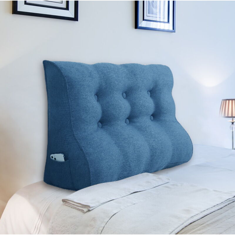 foto del prodotto cuscino da lettura a cuneo, triangolare, supporto per letto, schienale, poggiatesta, supporto per la schiena, cuscino decorativo, misto lino blu, 100