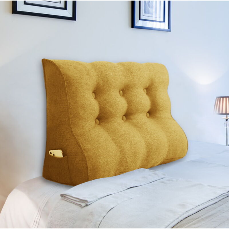 foto del prodotto cuscino da lettura a cuneo, triangolare, supporto per letto, schienale, poggiatesta, supporto per la schiena, cuscino decorativo, misto lino giallo,