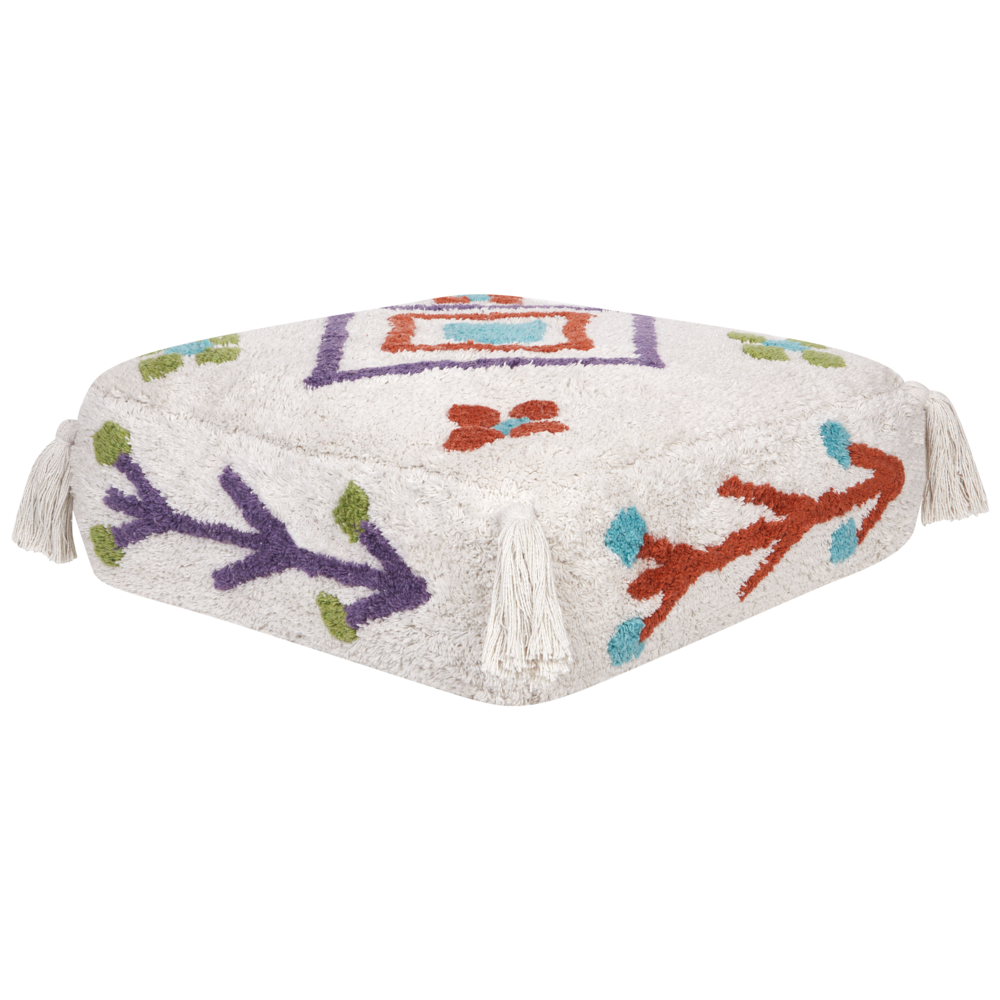foto del prodotto cuscino da terra in cotone bianco e multicolore 55 x 55 x 20 cm tessuto quadrato a motivi geometrici pouf da seduta