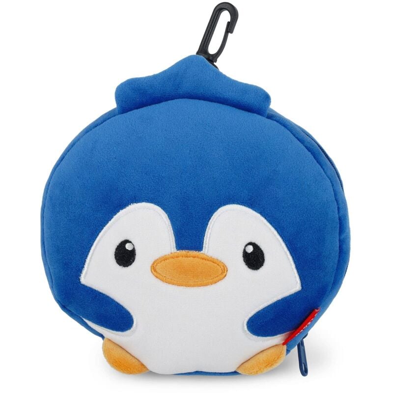 foto del prodotto cuscino da viaggio con mascherina da notte, chiusura a zip, salvaspazio, gancio per un trasporto comodo, 16x16 cm, tema penguin legami