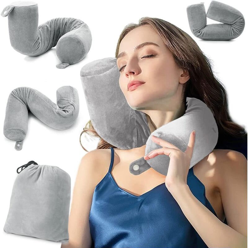 foto del prodotto cuscino da viaggio, cuscino cervicale in memory foam, pieghevole a piacere per chi dorme su un fianco, per aereo, auto, treno, ufficio grigio 