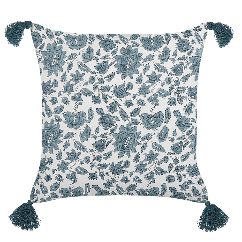 foto del prodotto cuscino decorativo cotone bianco e blu 45 x 45 cm motivo geometrico stampa a blocchi con nappe accessori stile boho