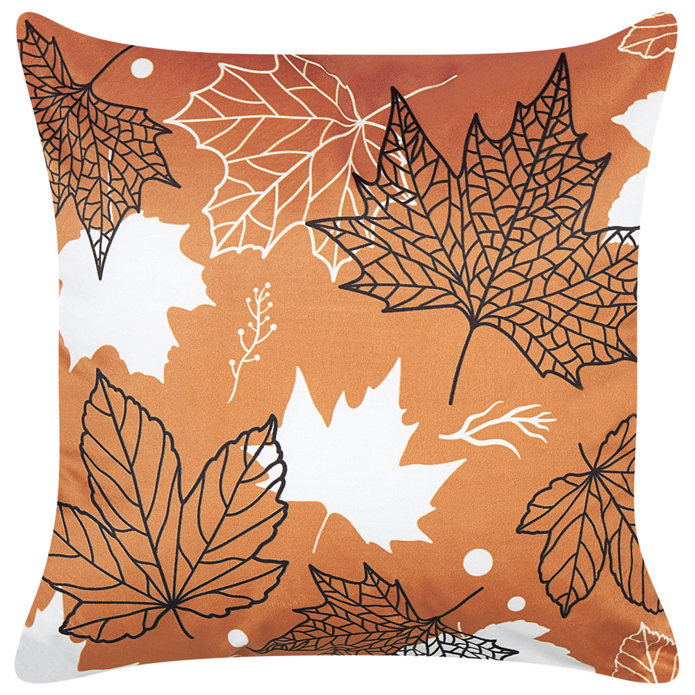 foto del prodotto cuscino in velluto arancione bianco nero 45 x 45 cm accessorio boho motivo foglia