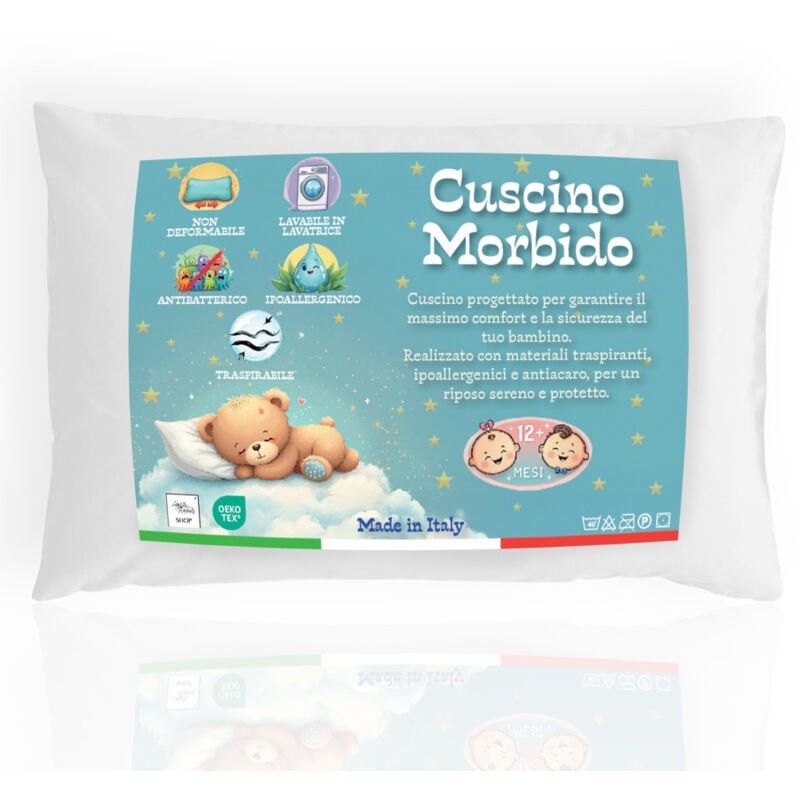 foto del prodotto cuscino lettino bambino 40x60 cm, traspirante, anallergico, antiacaro, cotone 100 made in italy, morbido e sicuro per neonati