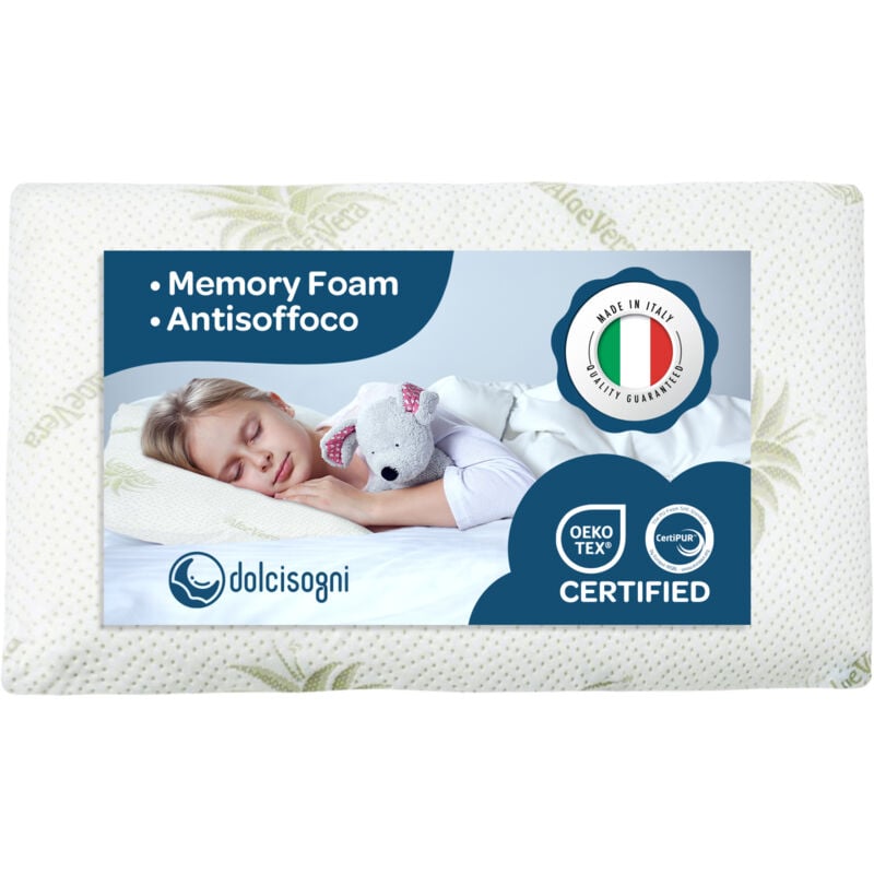 foto del prodotto cuscino lettino bambino antisoffoco 50x30 memory foam spessore 5,5 cm, oeko tex e certipur cuscino per asilo, guanciale bambini modello aloe