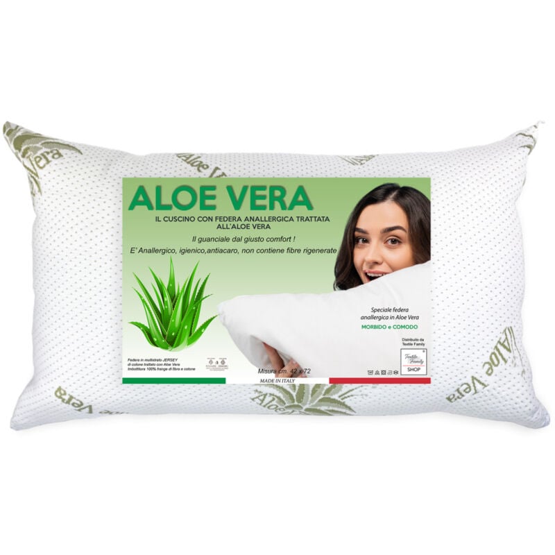 foto del prodotto cuscino letto aloe vera con federa anallergica, antibatterico, antiacaro, imbottitura in fibre e cotone, 42x72cm, spessore 20cm