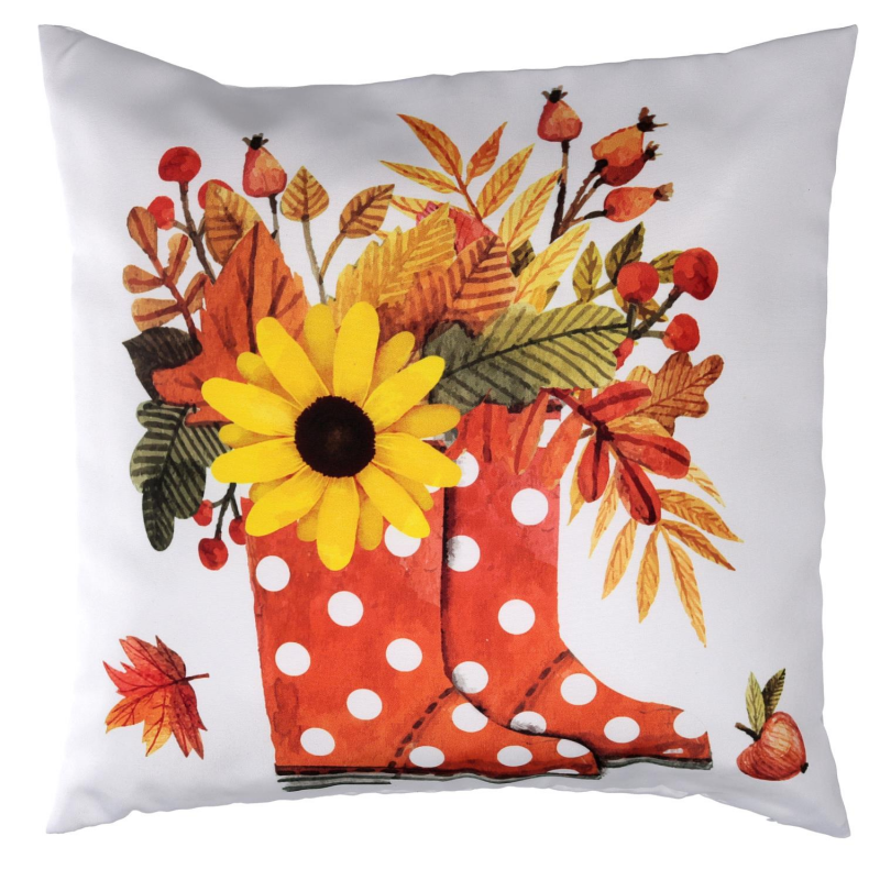 foto del prodotto cuscino tessuto stivali con girasole bianco cm43x43