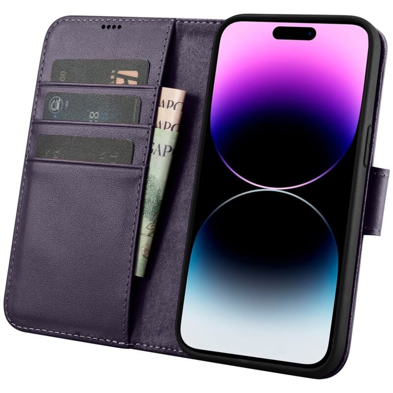 foto del prodotto custodia a portafoglio anti rfid in pelle 2in1 per iphone 14 pro viola scuro