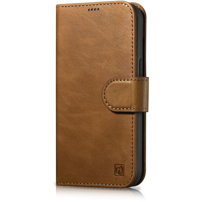 foto del prodotto custodia a portafoglio in pelle 2in1 flip cover per iphone 14 pro anti rfid con cera oleosa marrone chiaro