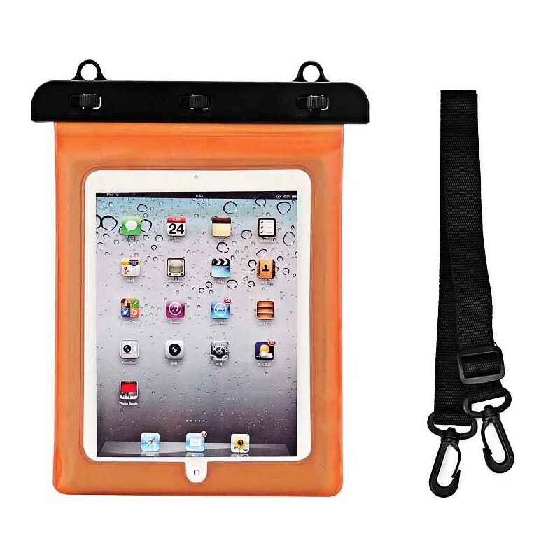 foto del prodotto custodia impermeabile per tablet in pvc con tracolla regolabile per esterni arancione