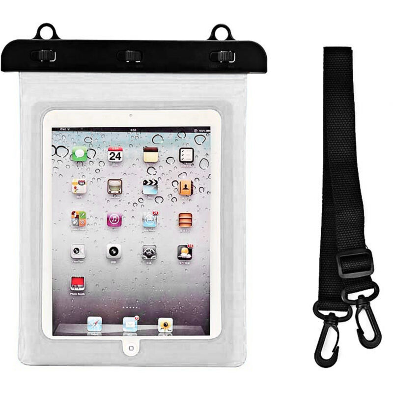foto del prodotto custodia impermeabile per tablet in pvc con tracolla regolabile per esterni bianca