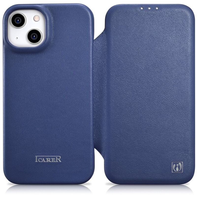 foto del prodotto custodia in pelle per iphone 14 plus con patta magnetica magsafe ce premium leather blu