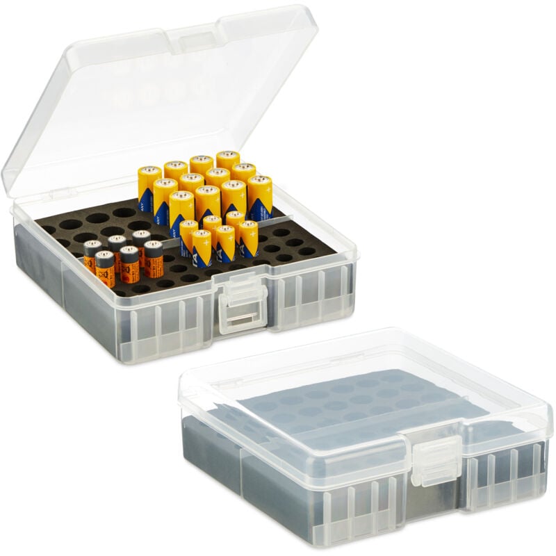 foto del prodotto custodia portabatterie, set da 2, per 60 pile aa e aaa, 5,5x15x15,5 cm, scatola per batterie, trasparente nero relaxdays
