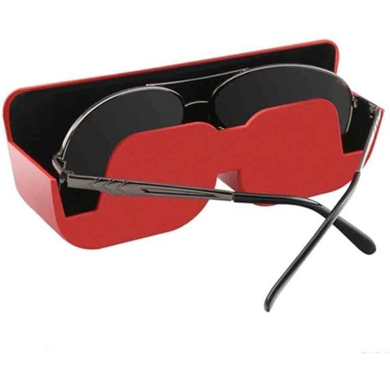 foto del prodotto cyslmuk 1 custodia per occhiali da sole per auto e clip per visiera, custodia per occhiali da sole per auto in pelle rossa
