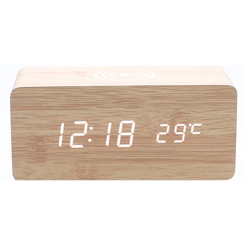 foto del prodotto cyslmuk 1 pz. sveglia in legno beige con caricabatterie wireless, compatibile con iphone samsung orologio digitale a led in legno funzione di