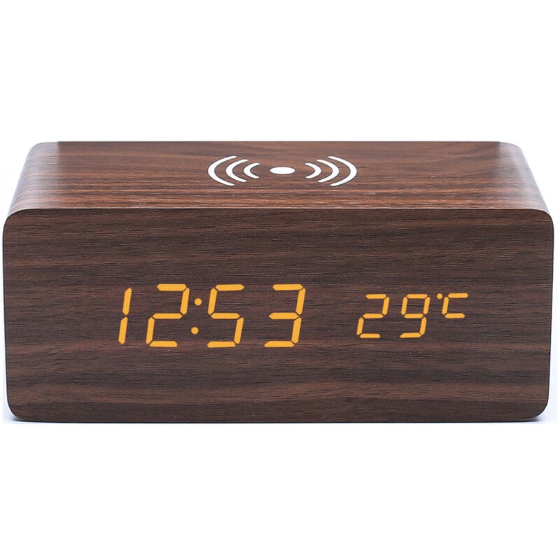 foto del prodotto cyslmuk 1 sveglia in legno marrone con caricabatterie wireless, compatibile con iphone samsung orologio digitale a led in legno funzione di