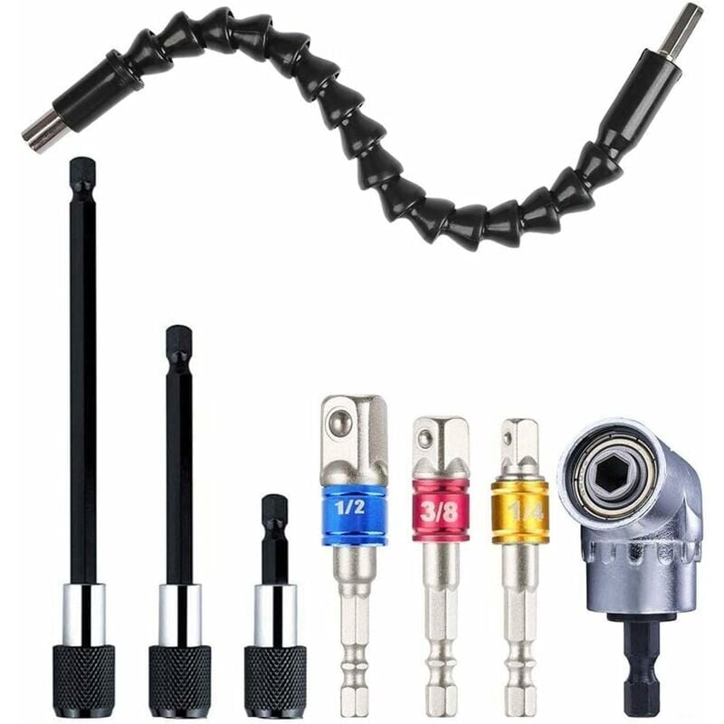 foto del prodotto cyslmuk 1 x prolunga flessibile per trapano 1 x adattatore per trapano ad angolo retto 3 x punte per avvitatore a percussione 3 x porta punte
