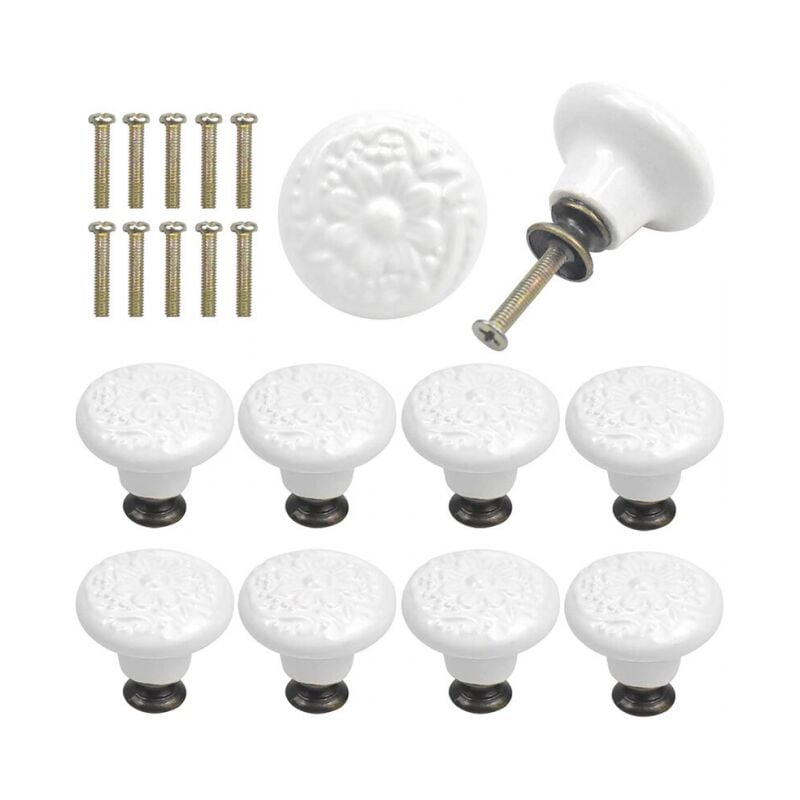 foto del prodotto cyslmuk 10 pezzi pomelli per cassetti in ceramica bianca con incisione vintage, maniglia per porta dell armadio rotonda con viti