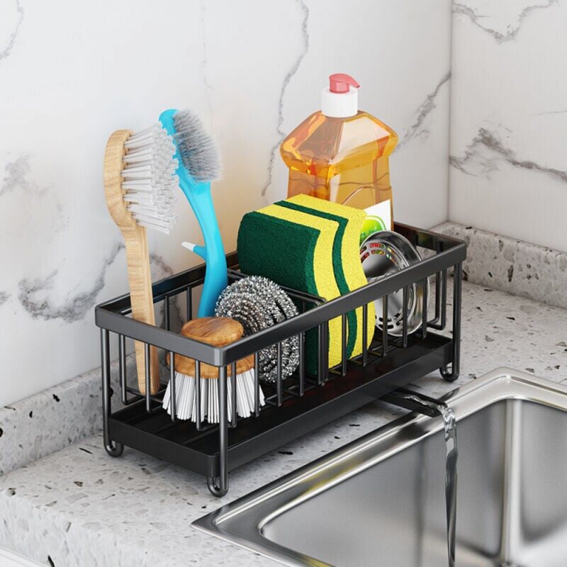 foto del prodotto cyslmuk 1pc contenitore per lavello da cucina nero, contenitore per spugna da cucina in acciaio inossidabile con vassoio di scarico automatico,