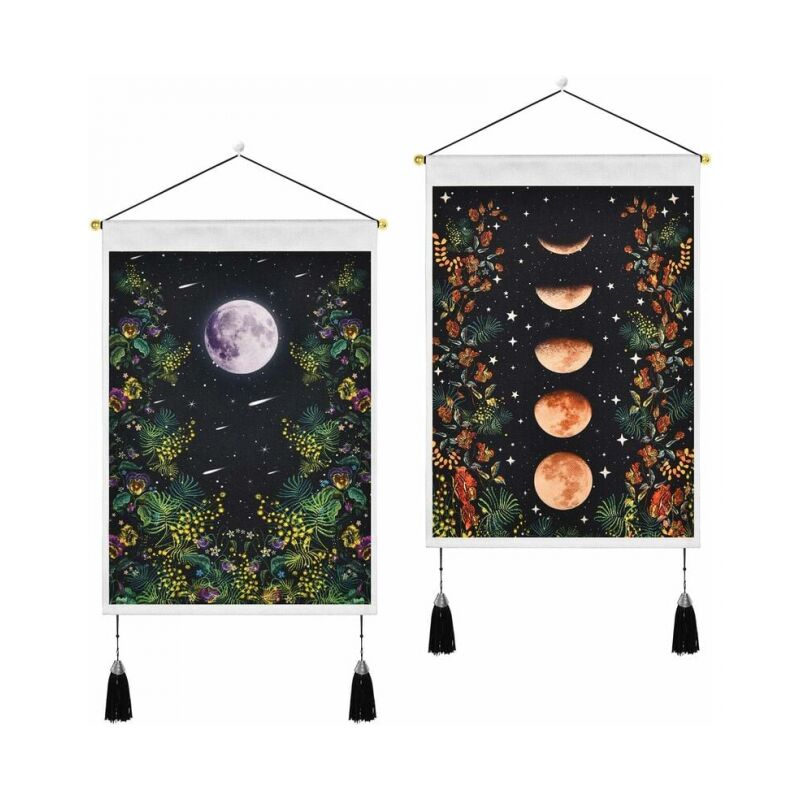 foto del prodotto cyslmuk 2 pezzi 35x50cm arazzo nero nappe luna arte da parete cotone lino fiore arazzo decorazione per la casa