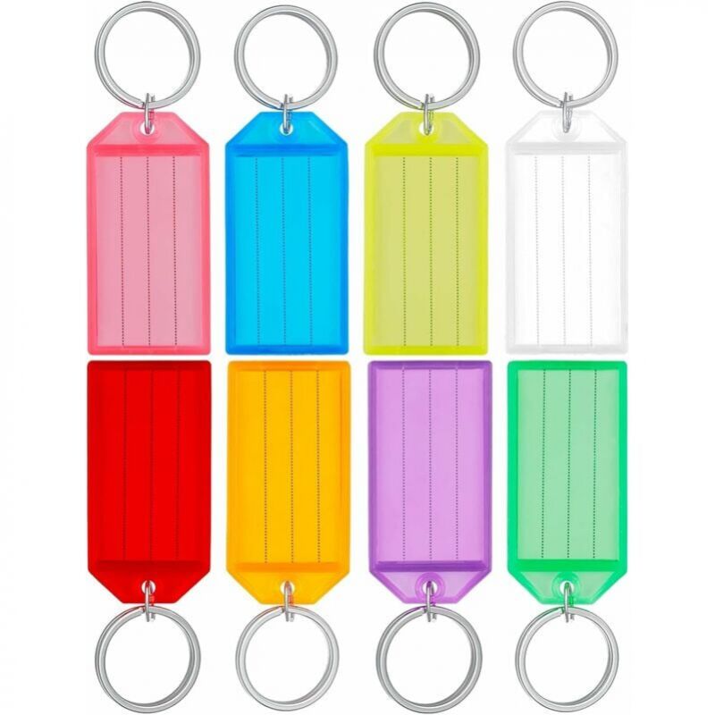foto del prodotto cyslmuk 40 pezzi 5 cm portachiavi in plastica portachiavi con etichette di carta a righe vuote coperchi trasparenti e anelli divisi robusti