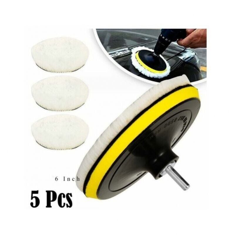 foto del prodotto cyslmuk 5 pezzi di tampone lucidante in lana da 150 mm, disco lucidante, spugne per lucidatura, kit per lucidatura auto con punta da trapano m14