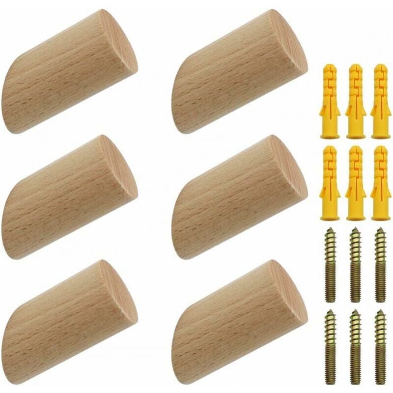 foto del prodotto cyslmuk 6 ganci appendiabiti in legno, ganci da parete in legno naturale, 3x6 cm, ganci in faggio, 45 , gancio per vestiti, sciarpe, cappelli,