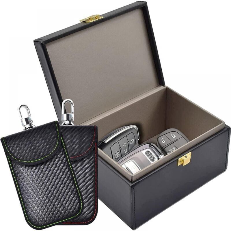 foto del prodotto cyslmuk borsa faraday anti rfid e blocco del segnale, confezione da 2, borse faraday per chiavi auto, scatola antifurto con blocco del segnale per