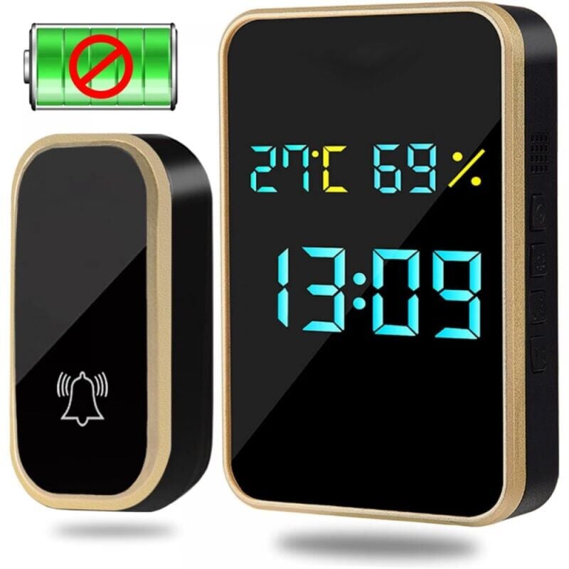 foto del prodotto cyslmuk campanello wireless da esterno impermeabile automatico senza batteria con visualizzazione di temperatura, umidit e ora, oro e nero