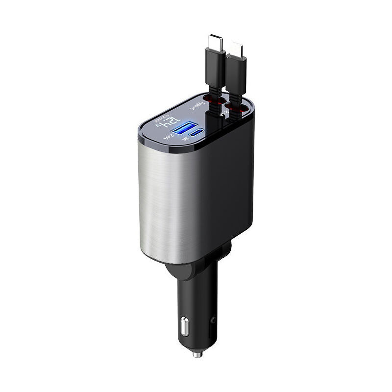 foto del prodotto cyslmuk caricabatterie da auto retrattile da 60 w, caricabatterie per telefono 4 in 1, cavo di ricarica rapida e adattatore per auto con 2 porte