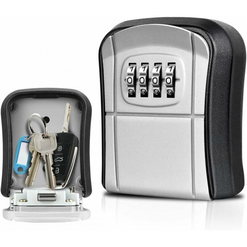 foto del prodotto cyslmuk cassetta di sicurezza per chiavi grigia, mini cassetta di sicurezza per chiavi da esterno, con codice digitale a 4 cifre, reimpostabile,