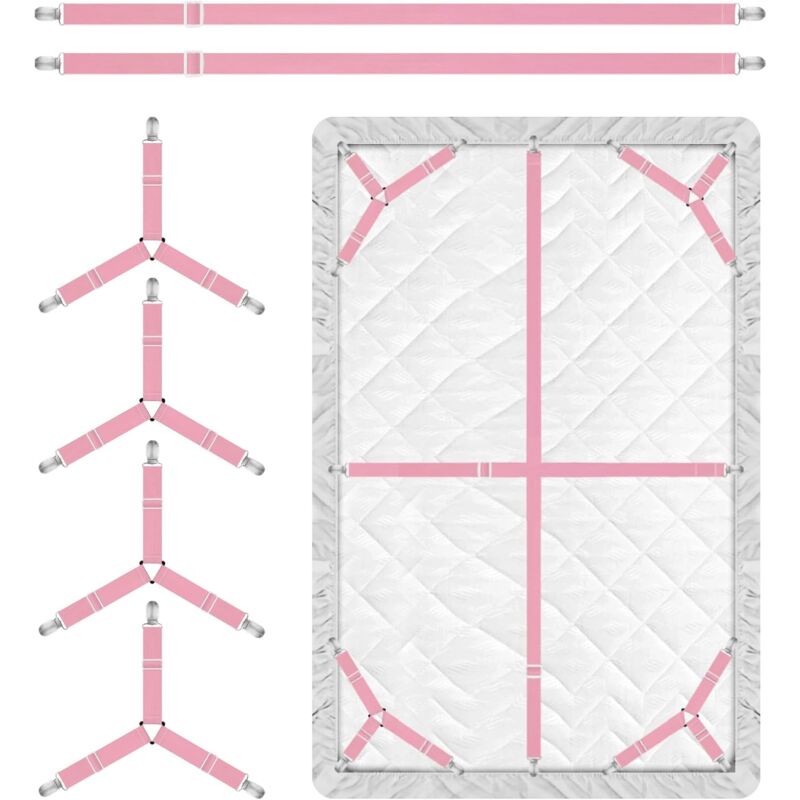 foto del prodotto cyslmuk confezione da 4 cinghie porta lenzuolo rosa, clip per lenzuolo regolabili in 3 direzioni, bretelle, clip elastiche triangolari per lenzuolo