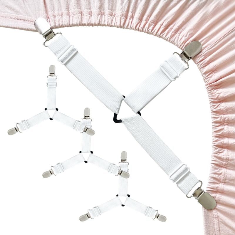 foto del prodotto cyslmuk confezione da 4 supporti elastici per lenzuoli con angoli triangolari con cinghie di fissaggio regolabili, bianchi, per biancheria da