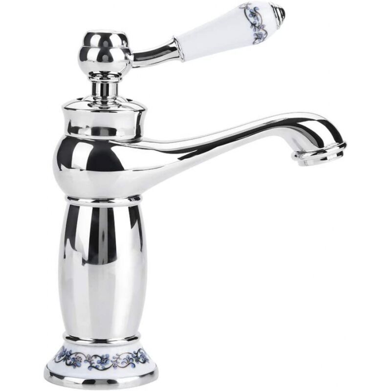 foto del prodotto cyslmuk cromo rubinetto per lavabo, rubinetto per lavabo in ceramica e ottone, collo lungo in porcellana bianca e nera, floreale retr con