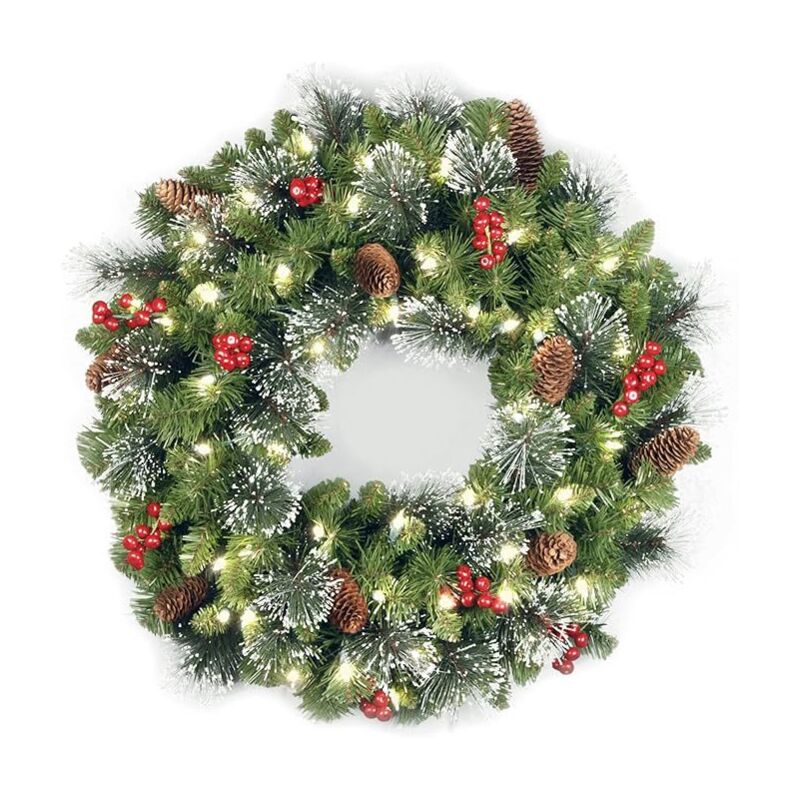 foto del prodotto cyslmuk ghirlanda natalizia artificiale da 45 cm con base in abete con luce led, decorata con pigne, grappoli di bacche e rami glassati.