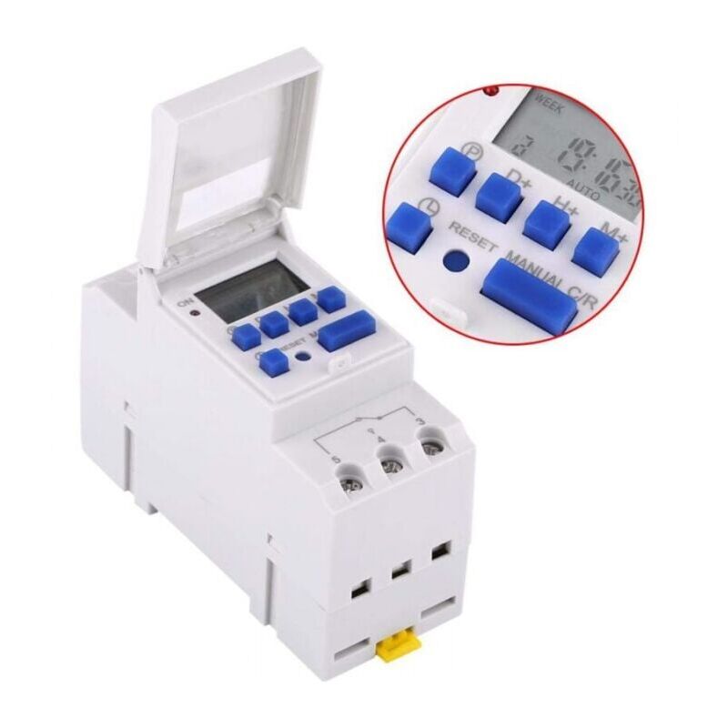 foto del prodotto cyslmuk interruttore orario programmabile settimanale, interruttore a rel , con display lcd, 16 timer di accensione e 8 di spegnimento, thc15a 220v