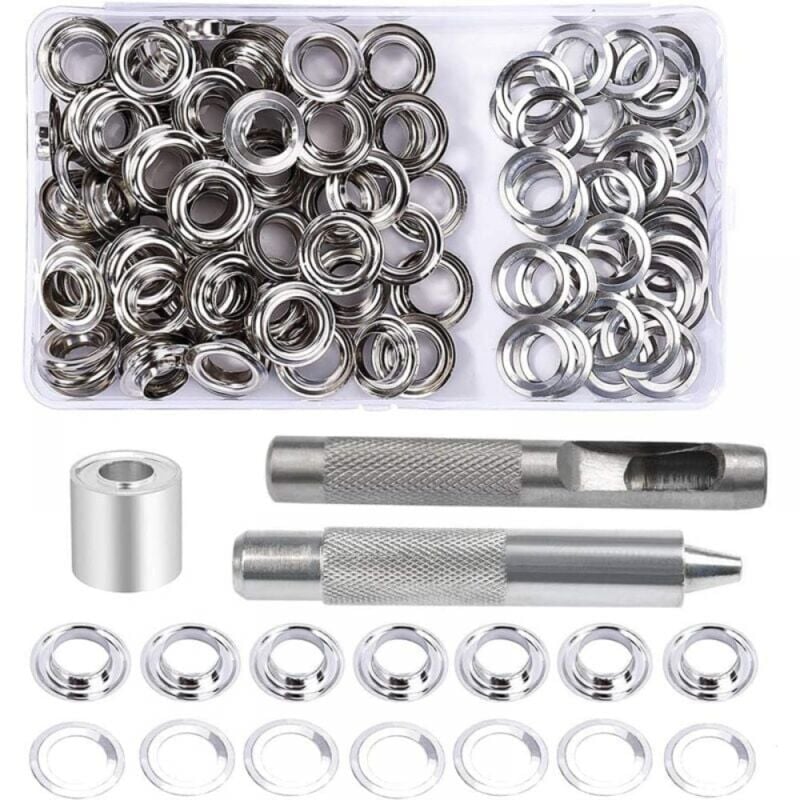 foto del prodotto cyslmuk kit di occhielli, 100 set di occhielli da 10 mm, kit di riparazione per teloni, con 3 strumenti per occhielli, kit di occhielli per teloni,