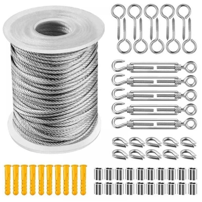 foto del prodotto cyslmuk kit di sospensione per fune metallica in acciaio inossidabile, tenditore per fune metallica in pvc, adatto per fune per tende,