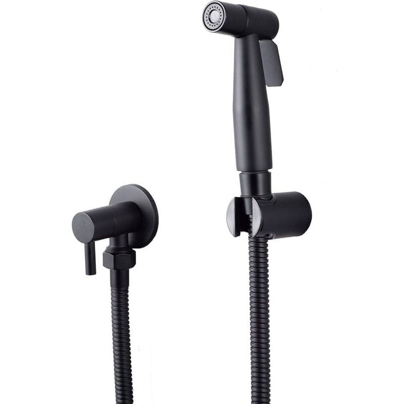foto del prodotto cyslmuk kit pistola a spruzzo per wc in acciaio inossidabile 304, ugello di scarico con tubo flessibile g1 2 e valvola a t, nero