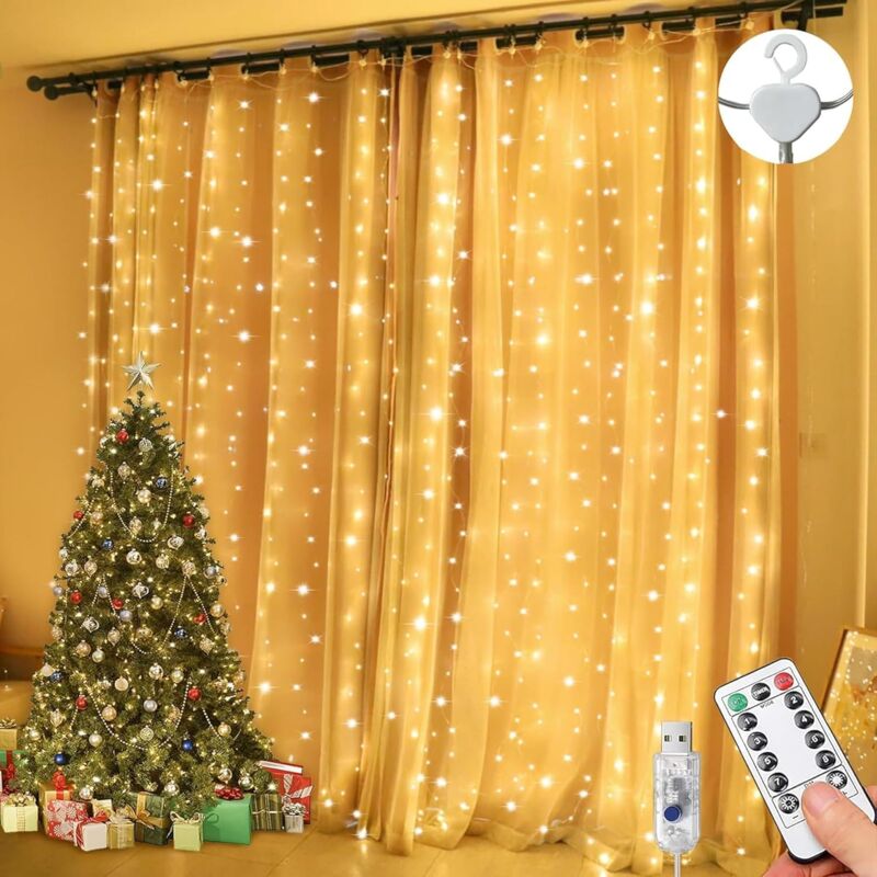 foto del prodotto cyslmuk luci a stringa per tende 3mx3m 300 led 8 modalit telecomando timer luminosit regolabile impermeabile ip65 bianco caldo 